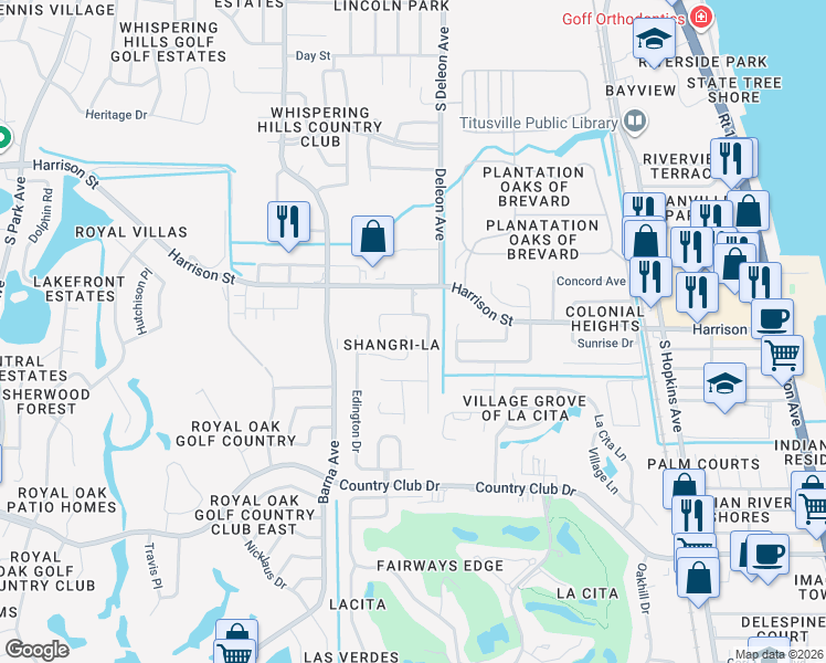 map of restaurants, bars, coffee shops, grocery stores, and more near 2845 Aruba Court in Titusville