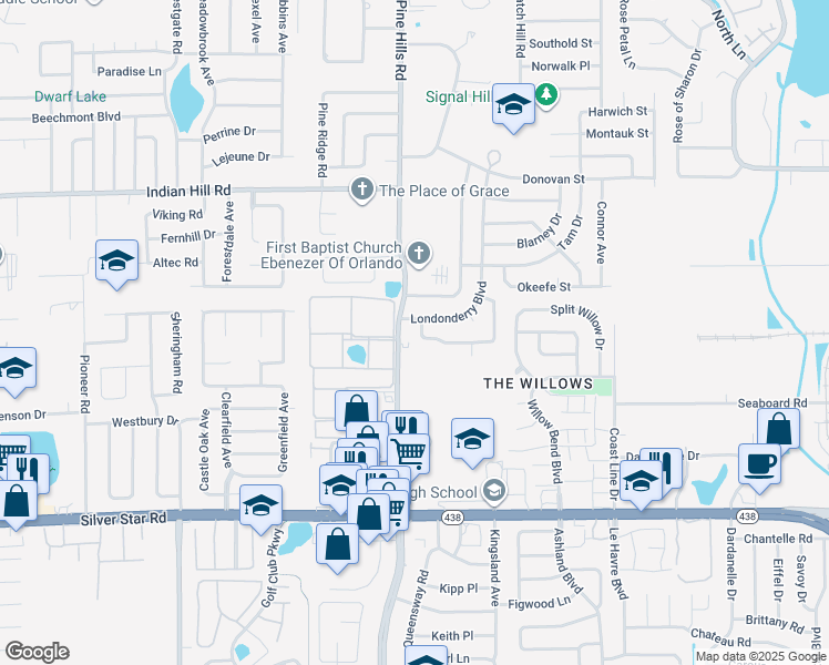 map of restaurants, bars, coffee shops, grocery stores, and more near 5118 Danny Boy Circle in Orlando