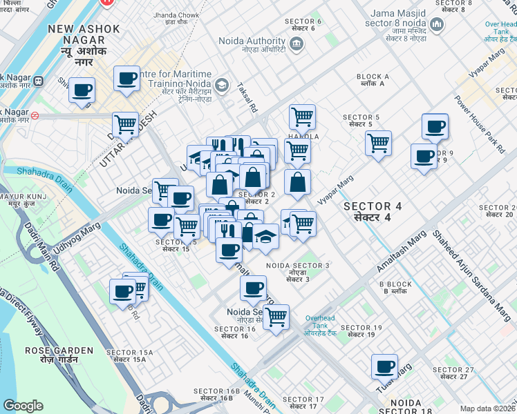 map of restaurants, bars, coffee shops, grocery stores, and more near in Noida