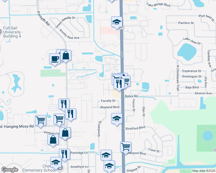 map of restaurants, bars, coffee shops, grocery stores, and more near 7341 Daniel Webster Drive in Winter Park