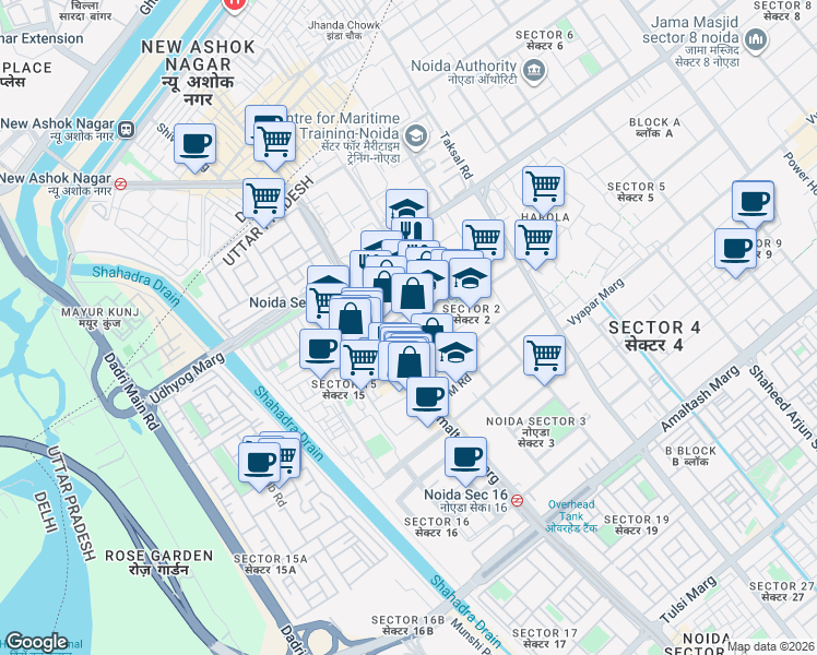 map of restaurants, bars, coffee shops, grocery stores, and more near in Noida