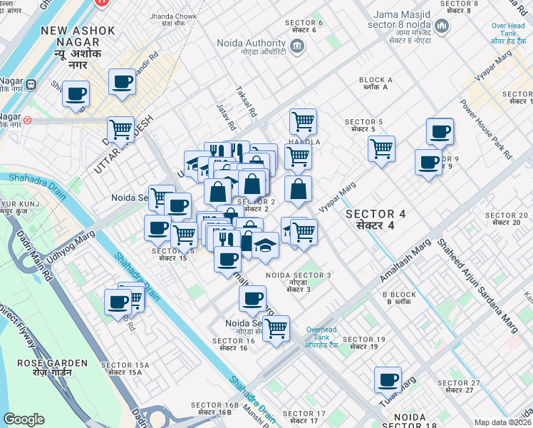 map of restaurants, bars, coffee shops, grocery stores, and more near in Noida