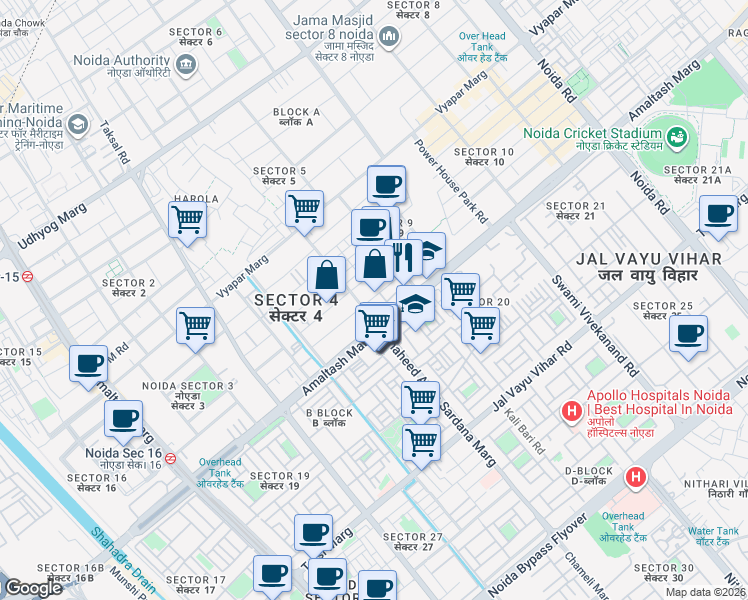map of restaurants, bars, coffee shops, grocery stores, and more near in Noida