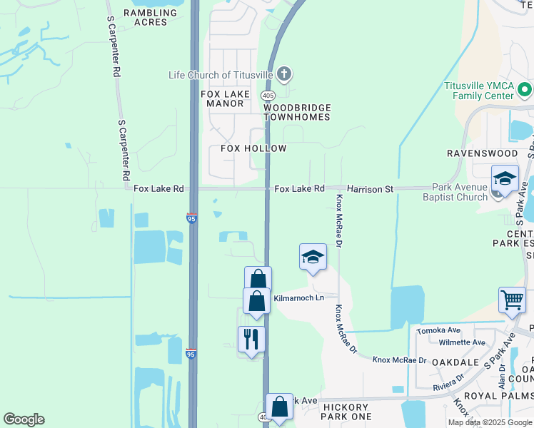 map of restaurants, bars, coffee shops, grocery stores, and more near South Street in Titusville