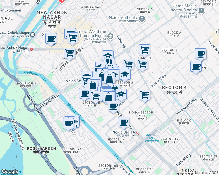 map of restaurants, bars, coffee shops, grocery stores, and more near in Noida