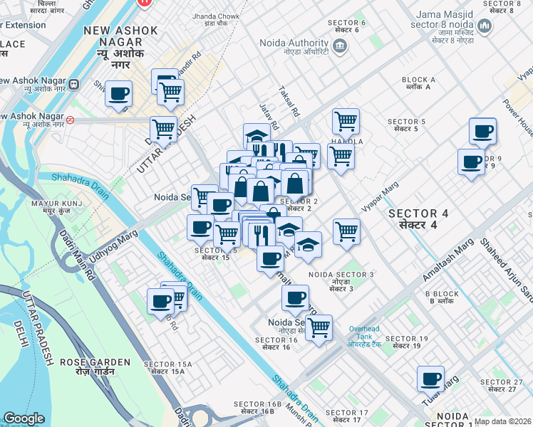 map of restaurants, bars, coffee shops, grocery stores, and more near in Noida