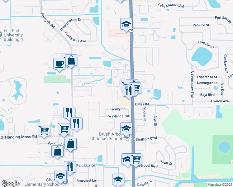 map of restaurants, bars, coffee shops, grocery stores, and more near 7341 Daniel Webster Drive in Winter Park