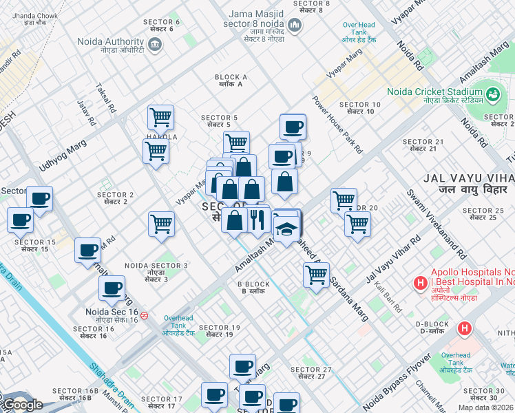 map of restaurants, bars, coffee shops, grocery stores, and more near in Noida