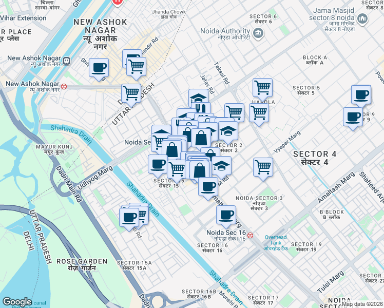 map of restaurants, bars, coffee shops, grocery stores, and more near in Noida