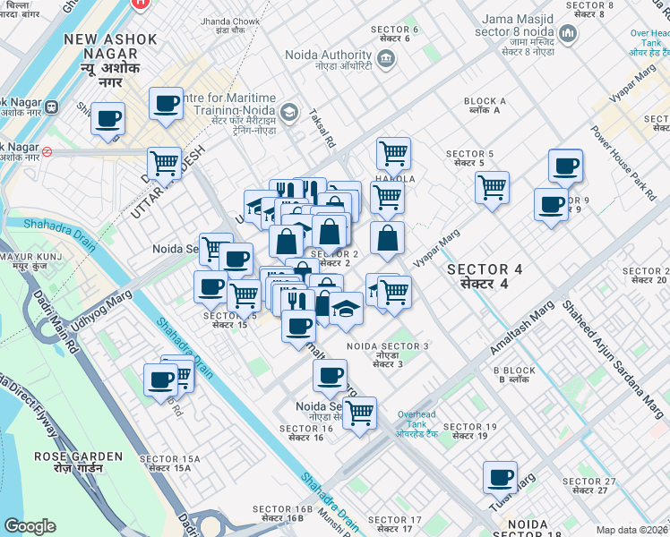 map of restaurants, bars, coffee shops, grocery stores, and more near in Noida
