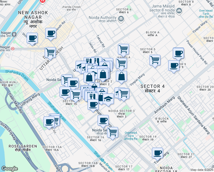 map of restaurants, bars, coffee shops, grocery stores, and more near in Noida