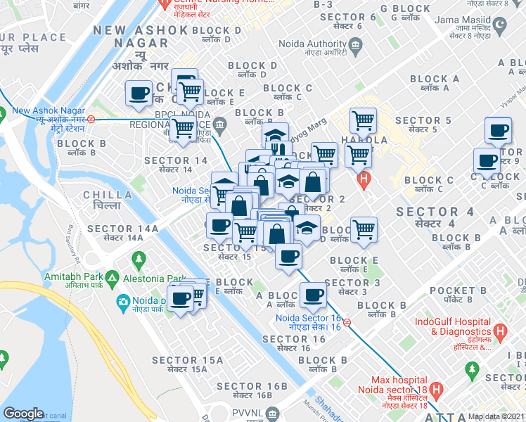 map of restaurants, bars, coffee shops, grocery stores, and more near in Noida