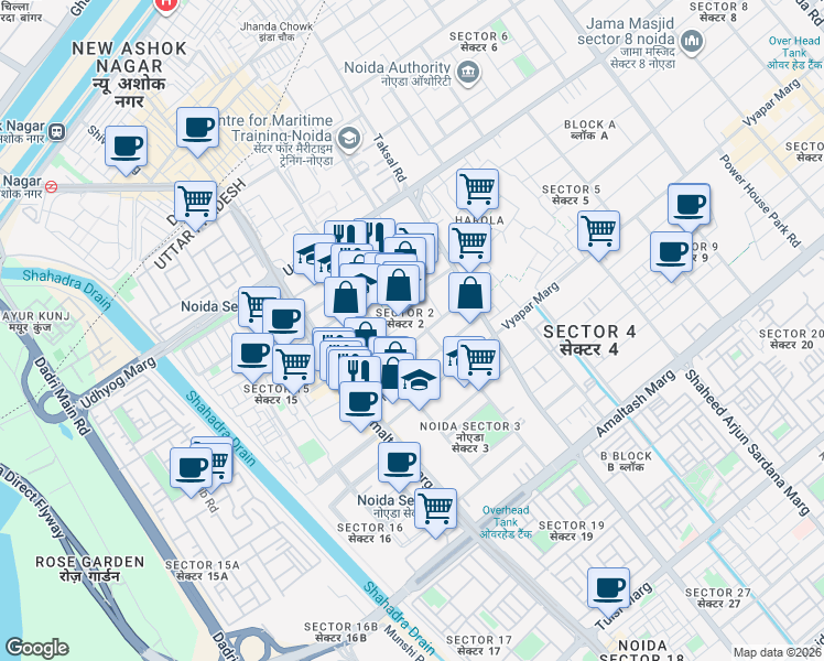 map of restaurants, bars, coffee shops, grocery stores, and more near in Noida