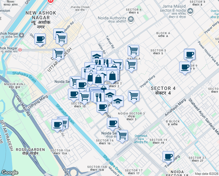 map of restaurants, bars, coffee shops, grocery stores, and more near in Noida