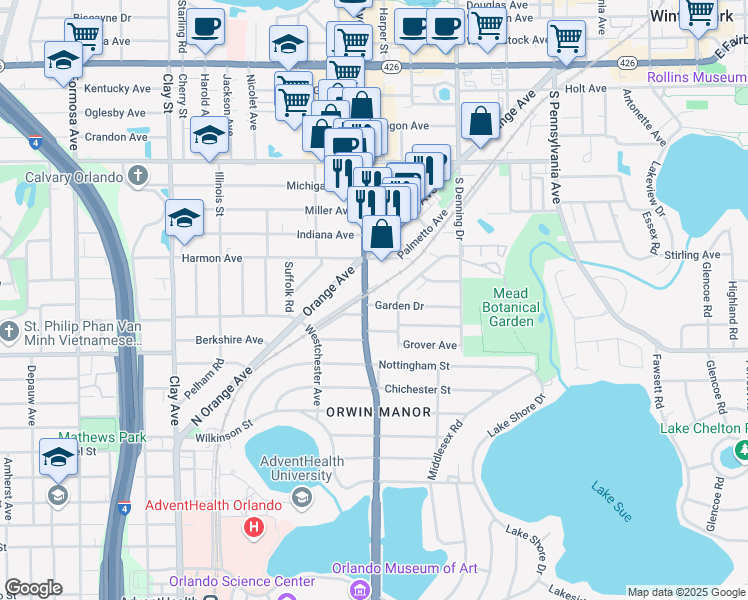 map of restaurants, bars, coffee shops, grocery stores, and more near 1400 South Orlando Avenue in Winter Park