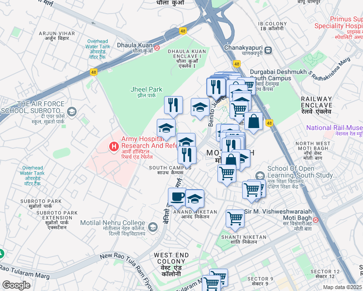 map of restaurants, bars, coffee shops, grocery stores, and more near Benito Juarez Marg in New Delhi