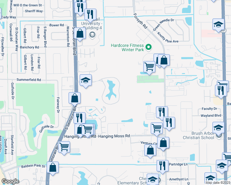 map of restaurants, bars, coffee shops, grocery stores, and more near 3173 Whisper Lake Lane in Winter Park