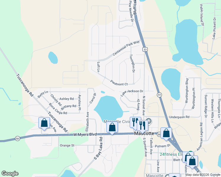 map of restaurants, bars, coffee shops, grocery stores, and more near 1609 Orne Street in Mascotte