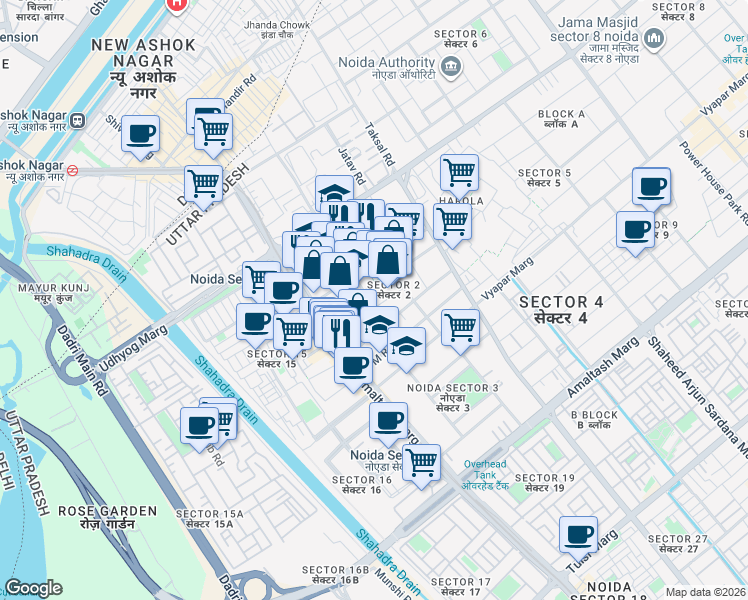 map of restaurants, bars, coffee shops, grocery stores, and more near in Noida