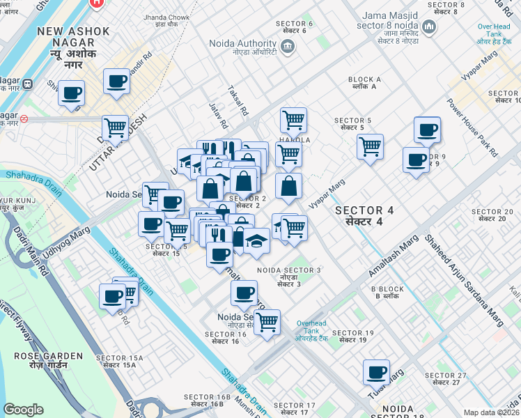 map of restaurants, bars, coffee shops, grocery stores, and more near in Noida