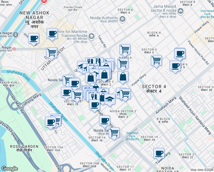 map of restaurants, bars, coffee shops, grocery stores, and more near in Noida