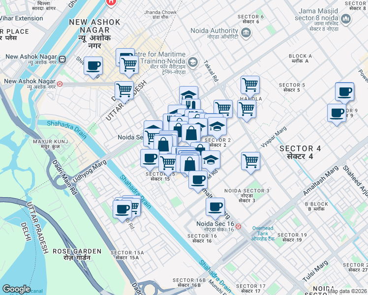 map of restaurants, bars, coffee shops, grocery stores, and more near in Noida