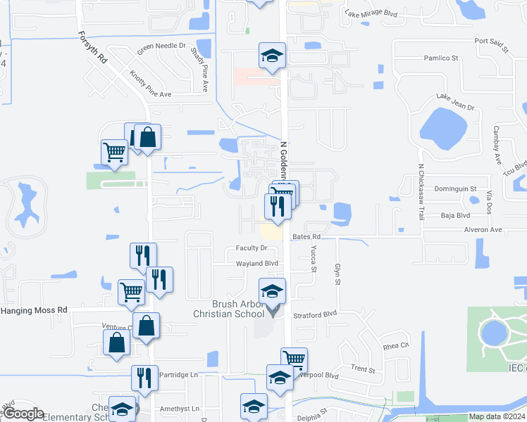 map of restaurants, bars, coffee shops, grocery stores, and more near 7341 Daniel Webster Drive in Winter Park