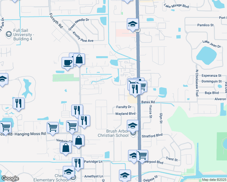 map of restaurants, bars, coffee shops, grocery stores, and more near 7296 Daniel Webster Drive in Winter Park