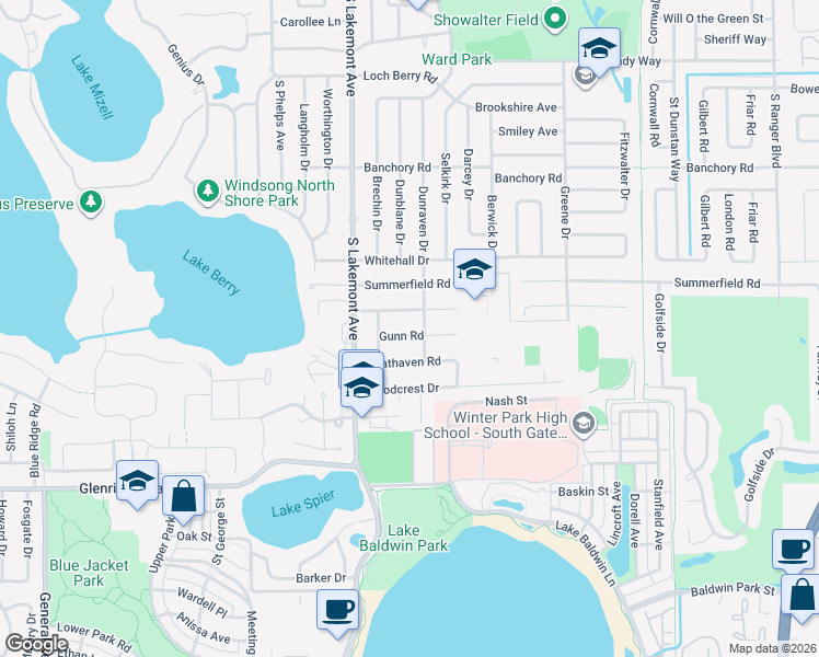 map of restaurants, bars, coffee shops, grocery stores, and more near 1025 Dunraven Drive in Winter Park