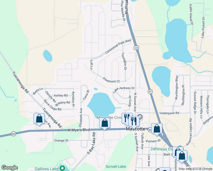 map of restaurants, bars, coffee shops, grocery stores, and more near 33 Lakeview Court in Mascotte