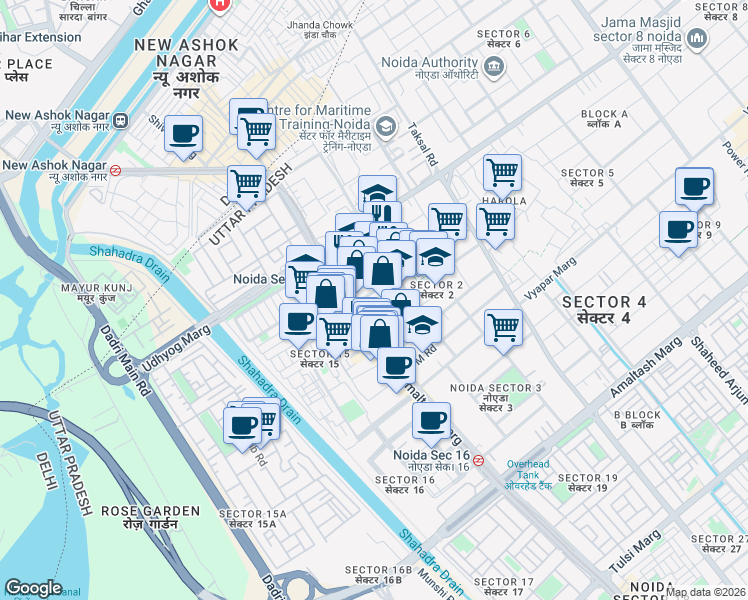 map of restaurants, bars, coffee shops, grocery stores, and more near in Noida