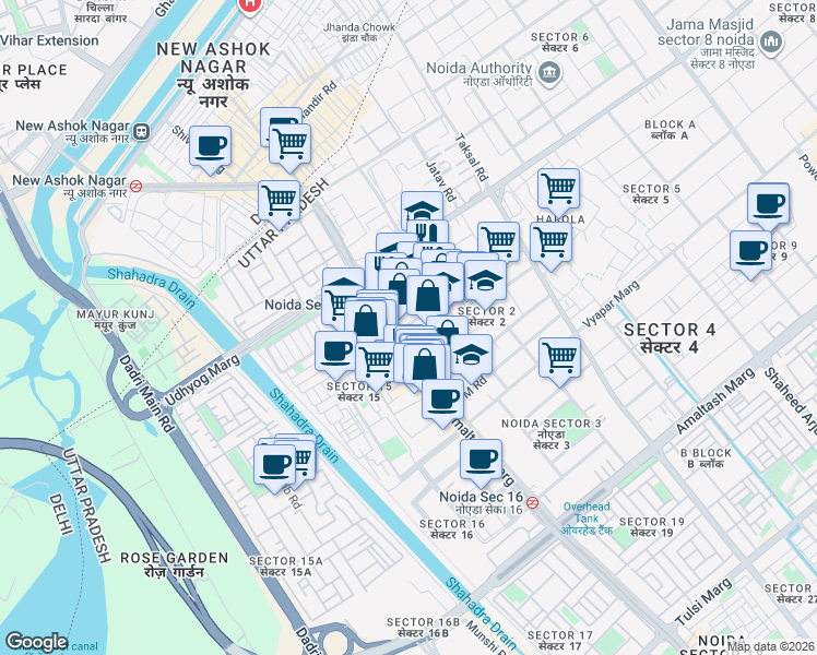 map of restaurants, bars, coffee shops, grocery stores, and more near in Noida