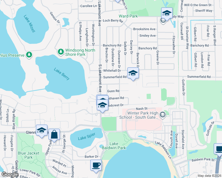 map of restaurants, bars, coffee shops, grocery stores, and more near 1921 Gunn Road in Winter Park