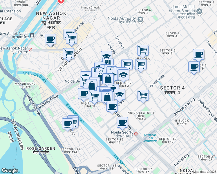map of restaurants, bars, coffee shops, grocery stores, and more near in Noida