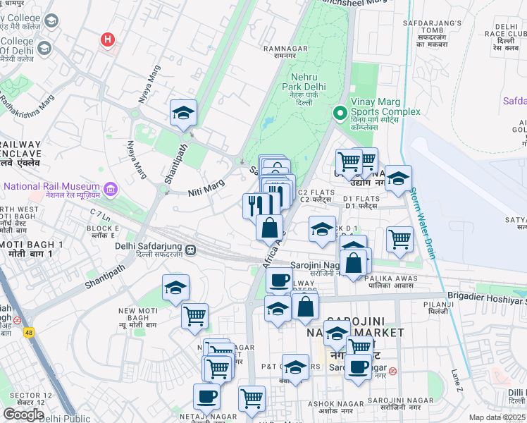 map of restaurants, bars, coffee shops, grocery stores, and more near in New Delhi