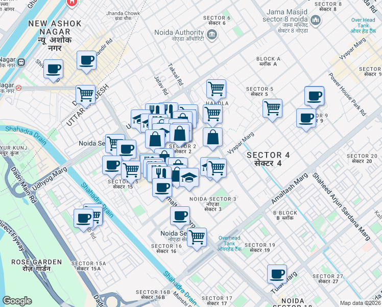 map of restaurants, bars, coffee shops, grocery stores, and more near in Noida