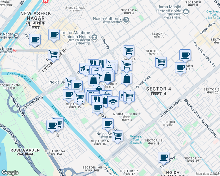 map of restaurants, bars, coffee shops, grocery stores, and more near in Noida