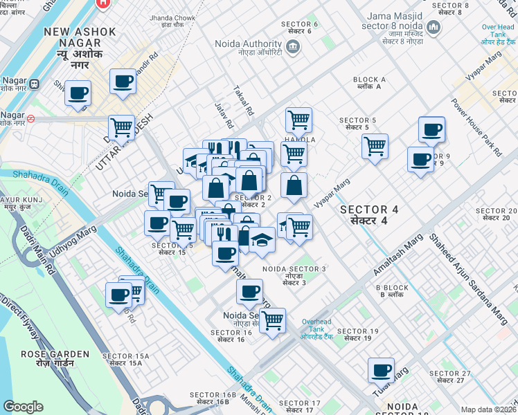 map of restaurants, bars, coffee shops, grocery stores, and more near in Noida