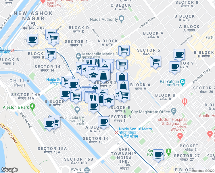map of restaurants, bars, coffee shops, grocery stores, and more near in Noida