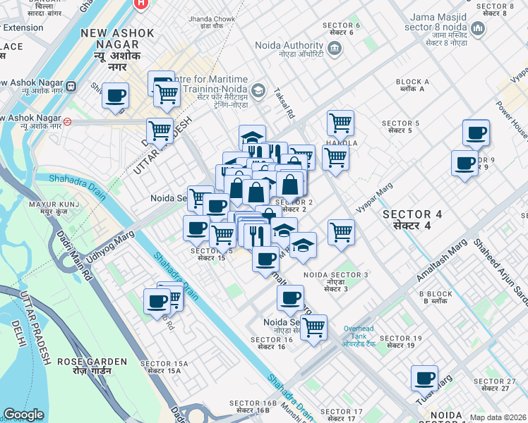 map of restaurants, bars, coffee shops, grocery stores, and more near in Noida