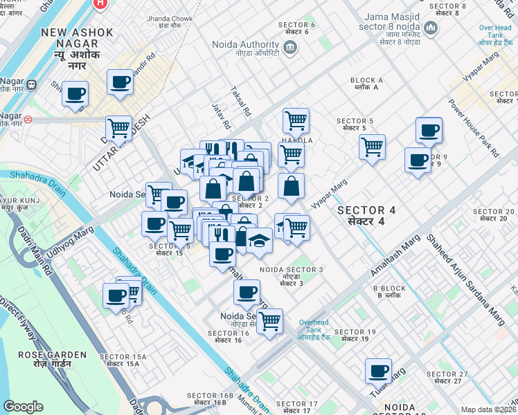 map of restaurants, bars, coffee shops, grocery stores, and more near in Noida