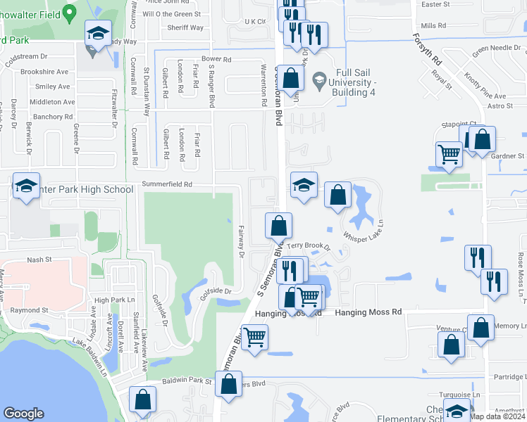 map of restaurants, bars, coffee shops, grocery stores, and more near 3807 Summer Wind Drive in Winter Park