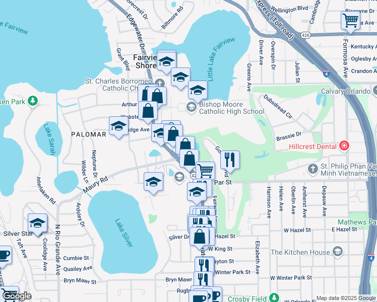 map of restaurants, bars, coffee shops, grocery stores, and more near 3457 Edgewater Drive in Orlando
