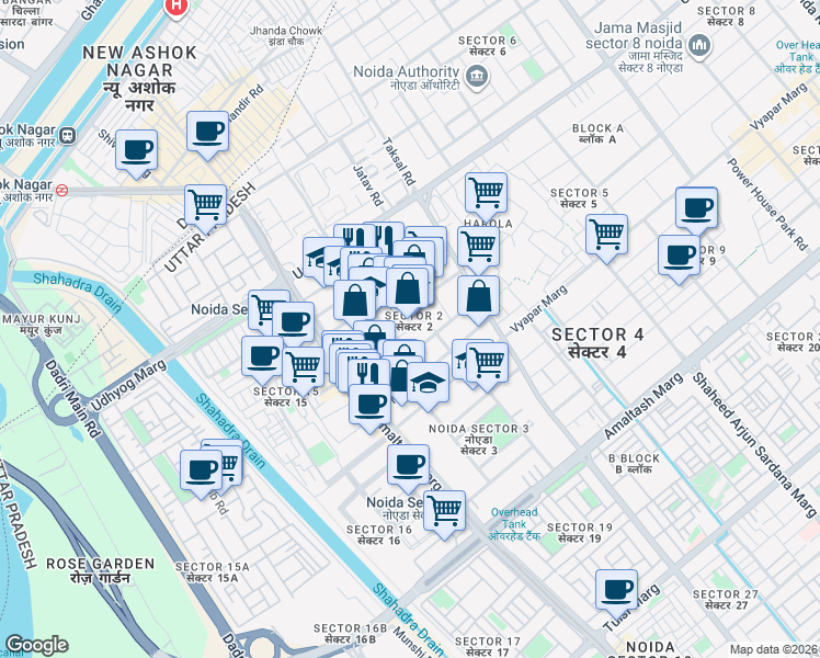 map of restaurants, bars, coffee shops, grocery stores, and more near in Noida