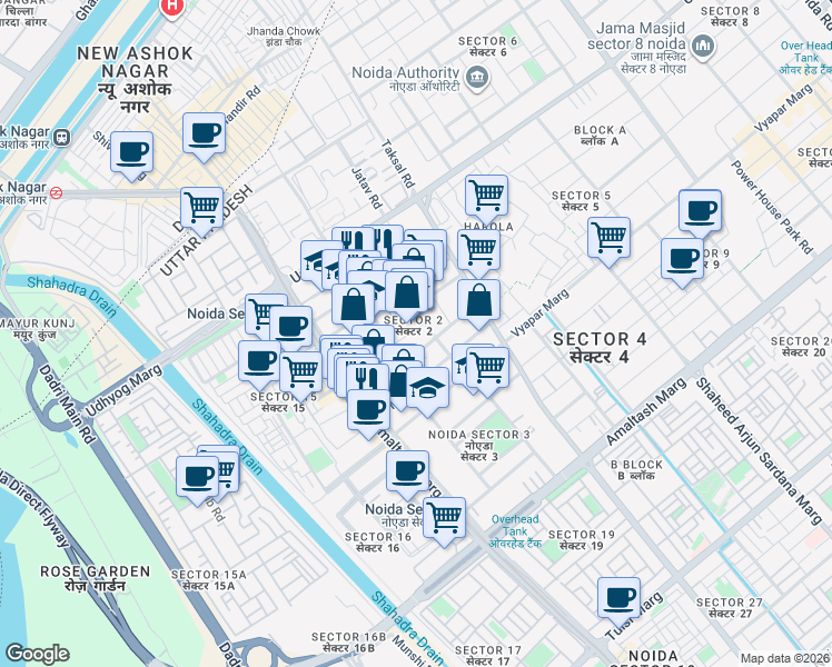map of restaurants, bars, coffee shops, grocery stores, and more near in Noida