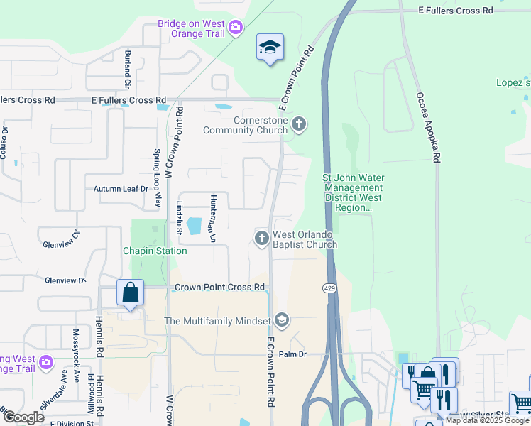map of restaurants, bars, coffee shops, grocery stores, and more near 1806 Winged Elm Place in Winter Garden