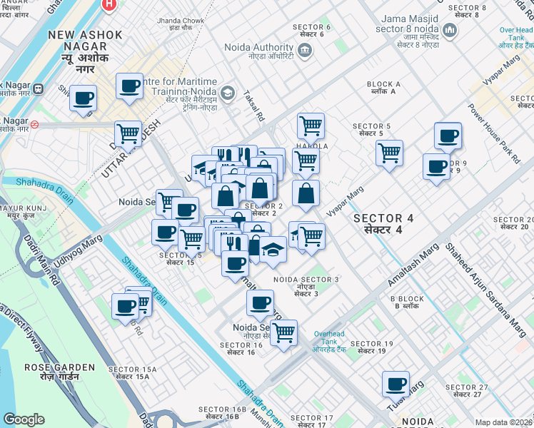 map of restaurants, bars, coffee shops, grocery stores, and more near in Noida