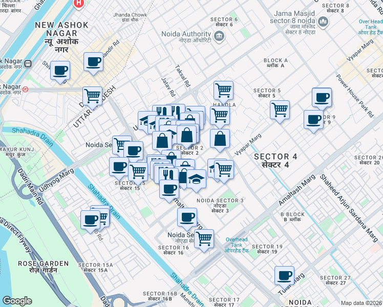 map of restaurants, bars, coffee shops, grocery stores, and more near in Noida