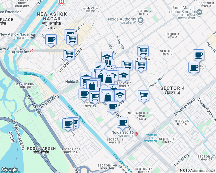 map of restaurants, bars, coffee shops, grocery stores, and more near in Noida