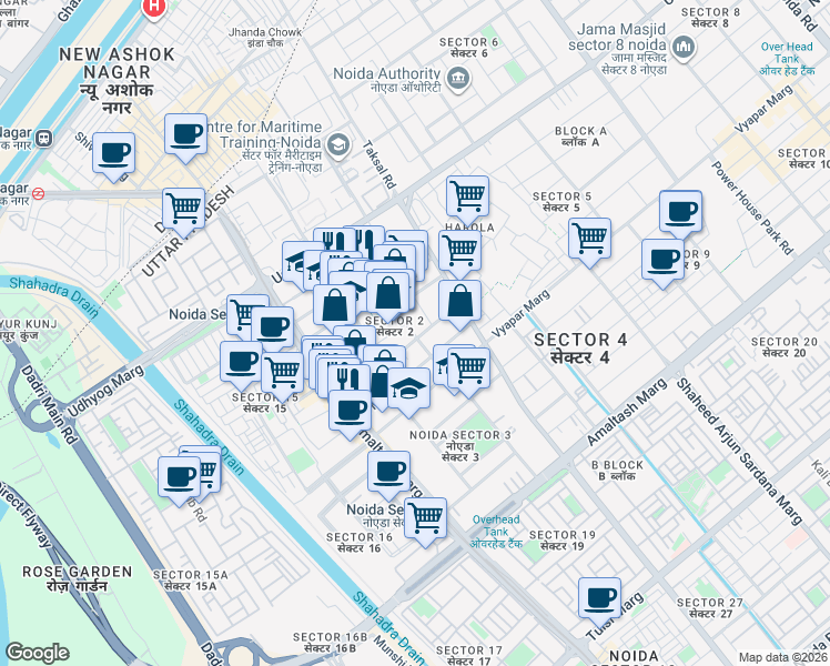 map of restaurants, bars, coffee shops, grocery stores, and more near in Noida